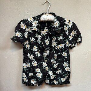 Sunshine by Sherry Holt Womens Hawaiian Shirt Small Retro Floral Aloha Top Black